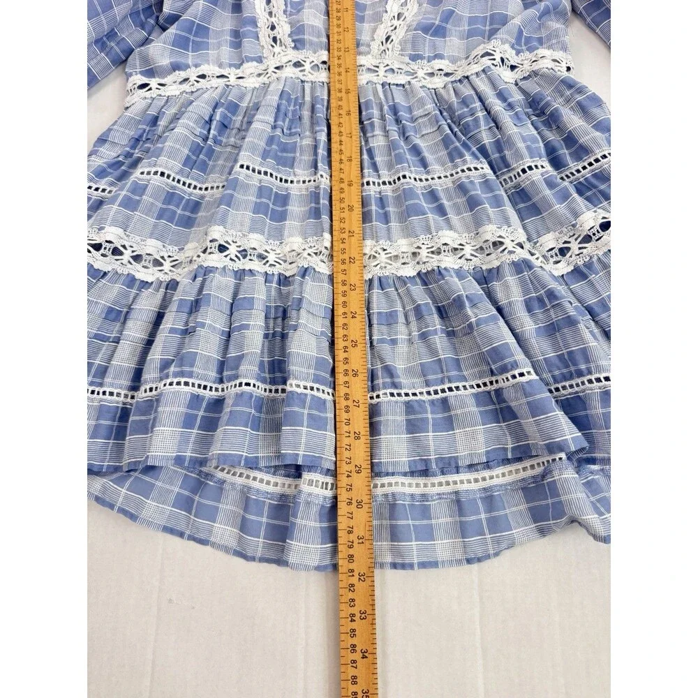 Free People Time Out Lace Trim Tunic Lagenlook Blue White Plaid Top
